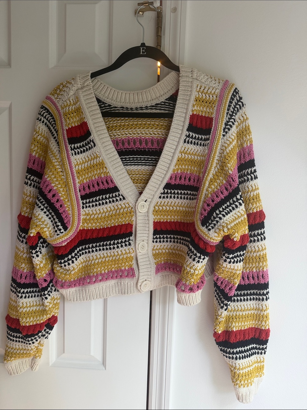 ba&sh Striped Cropped Crewneck Sweater in Pink, Mustard, Cream, Black & Red Sz L